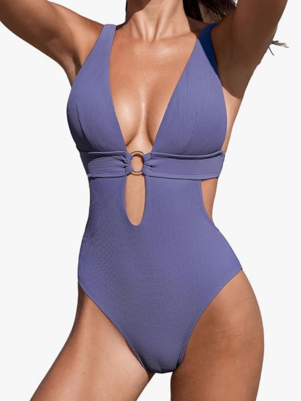 Cupshe Ribbed One-Piece Swimsuit with Front Ring in Dusty Lavender